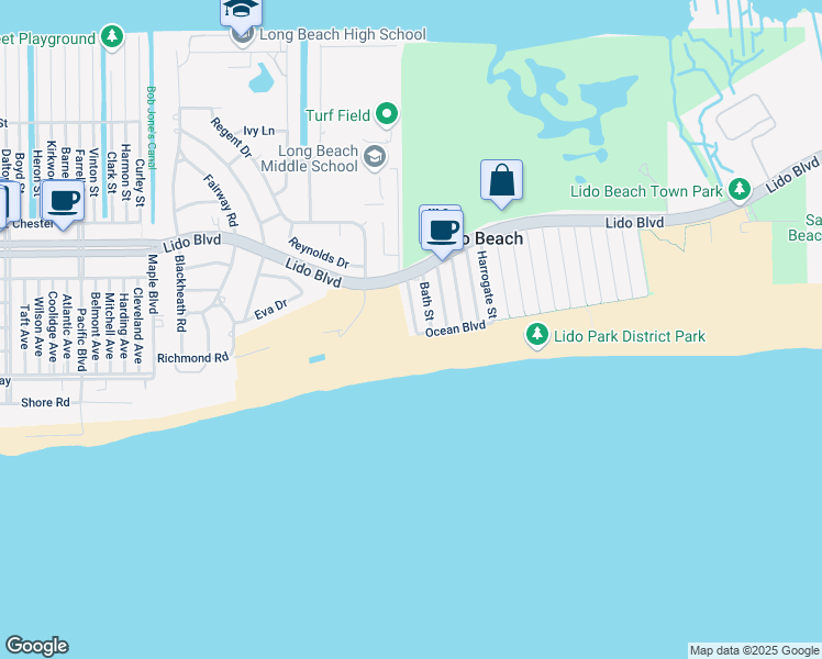map of restaurants, bars, coffee shops, grocery stores, and more near 38 Bath Street in Lido Beach