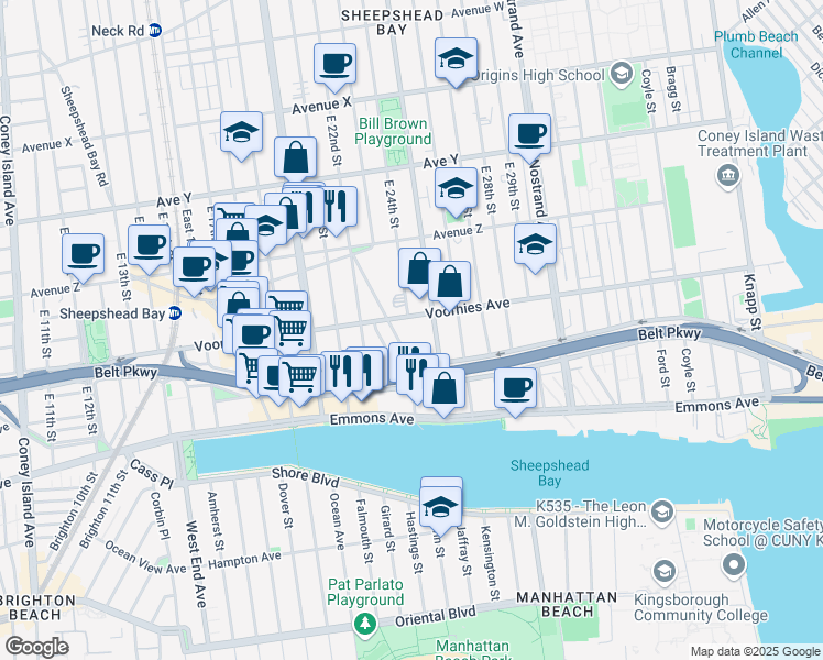 map of restaurants, bars, coffee shops, grocery stores, and more near 2676 East 24th Street in Brooklyn