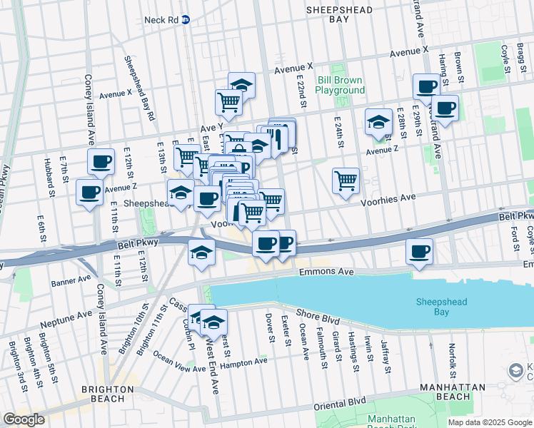 map of restaurants, bars, coffee shops, grocery stores, and more near 2661 East 19th Street in Brooklyn