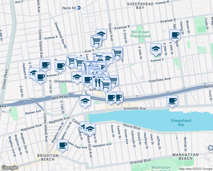 map of restaurants, bars, coffee shops, grocery stores, and more near 2652 East 18th Street in Brooklyn