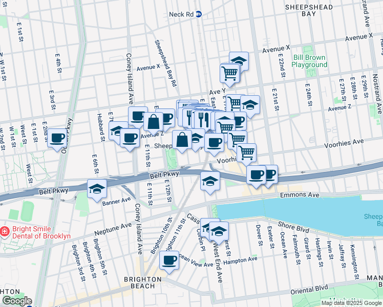 map of restaurants, bars, coffee shops, grocery stores, and more near 2630 East 13th Street in Brooklyn