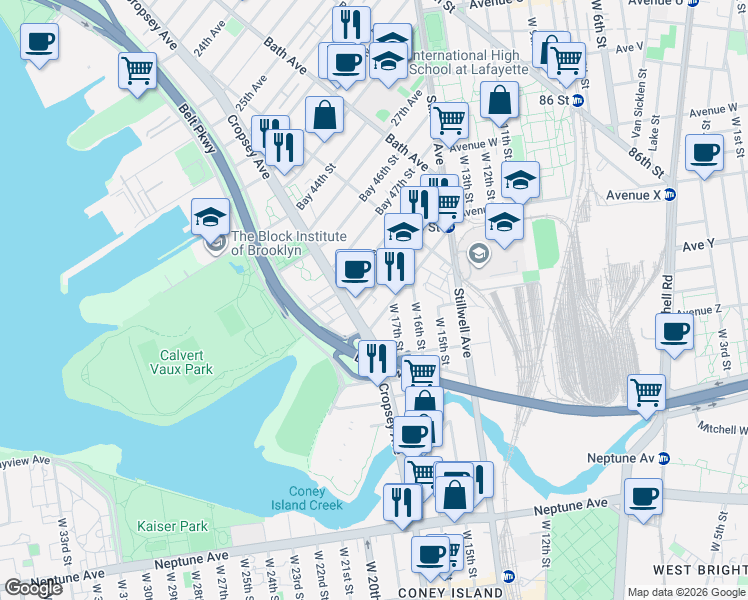 map of restaurants, bars, coffee shops, grocery stores, and more near 167 28th Avenue in Brooklyn