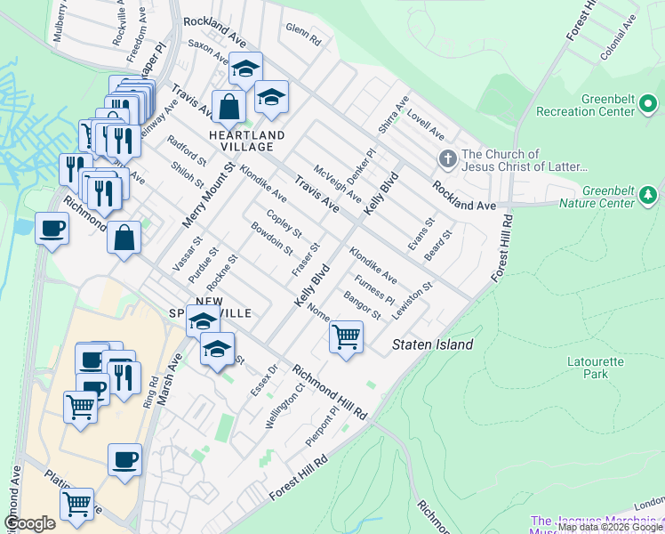 map of restaurants, bars, coffee shops, grocery stores, and more near 111 Kelly Boulevard in Staten Island