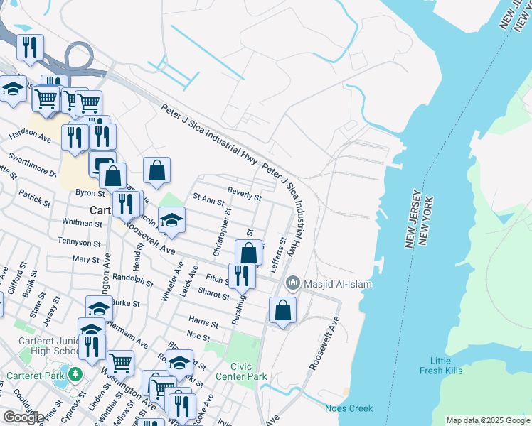 map of restaurants, bars, coffee shops, grocery stores, and more near 4203 Bristol Station Court in Carteret