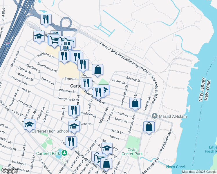 map of restaurants, bars, coffee shops, grocery stores, and more near 60 Hayward Avenue in Carteret