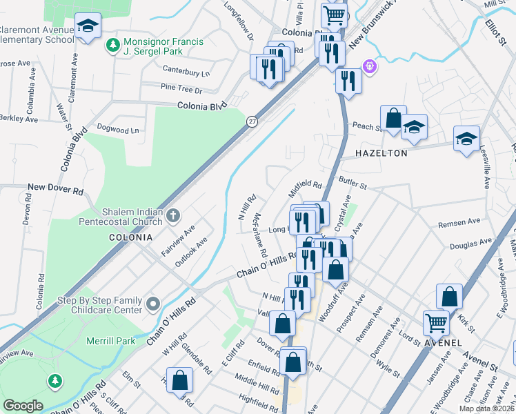 map of restaurants, bars, coffee shops, grocery stores, and more near 225 North Hill Road in Woodbridge Township