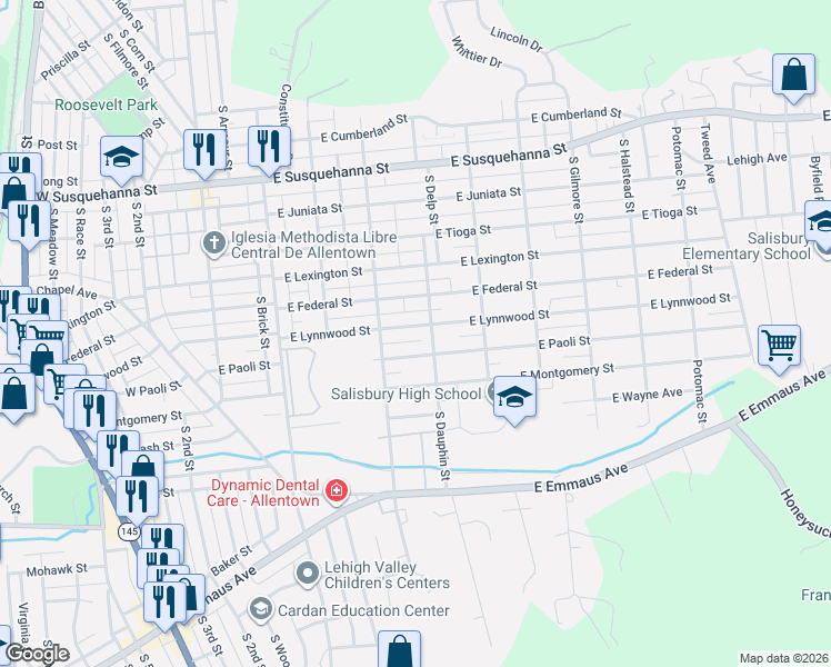 map of restaurants, bars, coffee shops, grocery stores, and more near 322 East Federal Street in Allentown