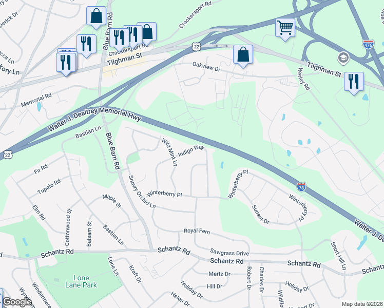 map of restaurants, bars, coffee shops, grocery stores, and more near 329 Indigo Way in Allentown
