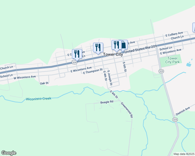 map of restaurants, bars, coffee shops, grocery stores, and more near 300 South 3rd Street in Tower City