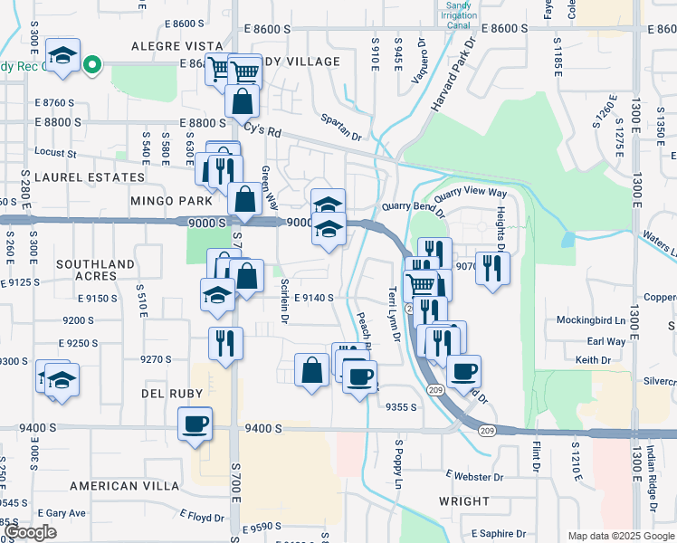 map of restaurants, bars, coffee shops, grocery stores, and more near 9092 South Enchanted Oak Lane in Sandy