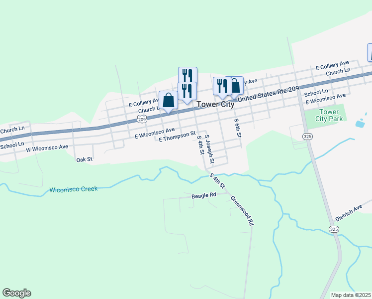 map of restaurants, bars, coffee shops, grocery stores, and more near 300 South 3rd Street in Tower City