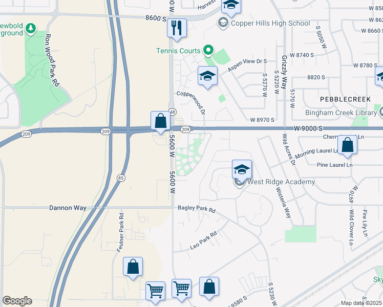 map of restaurants, bars, coffee shops, grocery stores, and more near 5503 9000 South in West Jordan