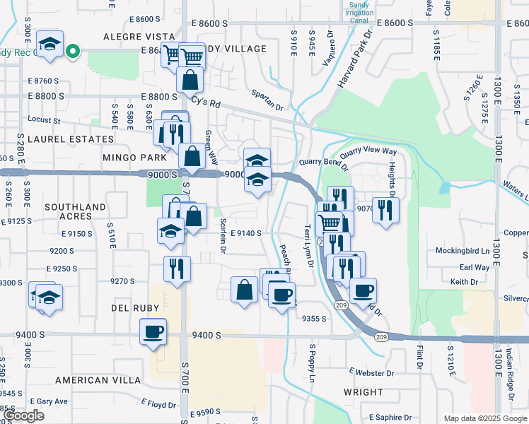 map of restaurants, bars, coffee shops, grocery stores, and more near 9092 South Enchanted Oak Lane in Sandy