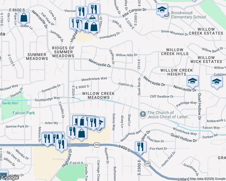 map of restaurants, bars, coffee shops, grocery stores, and more near 9078 Daybreak Drive in Sandy
