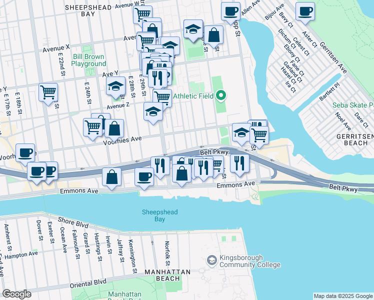 map of restaurants, bars, coffee shops, grocery stores, and more near Shore Parkway & Brown Street in Brooklyn