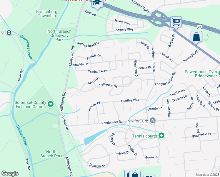 map of restaurants, bars, coffee shops, grocery stores, and more near 1907 Stech Drive in Bridgewater Township
