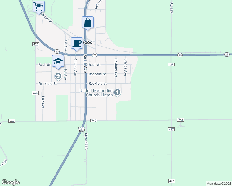 map of restaurants, bars, coffee shops, grocery stores, and more near 701 Randolph Street in Elwood