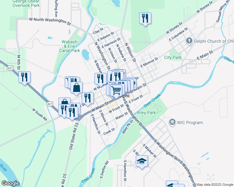 map of restaurants, bars, coffee shops, grocery stores, and more near 101 West Main Street in Delphi