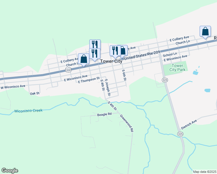 map of restaurants, bars, coffee shops, grocery stores, and more near 419 Maple Avenue in Tower City