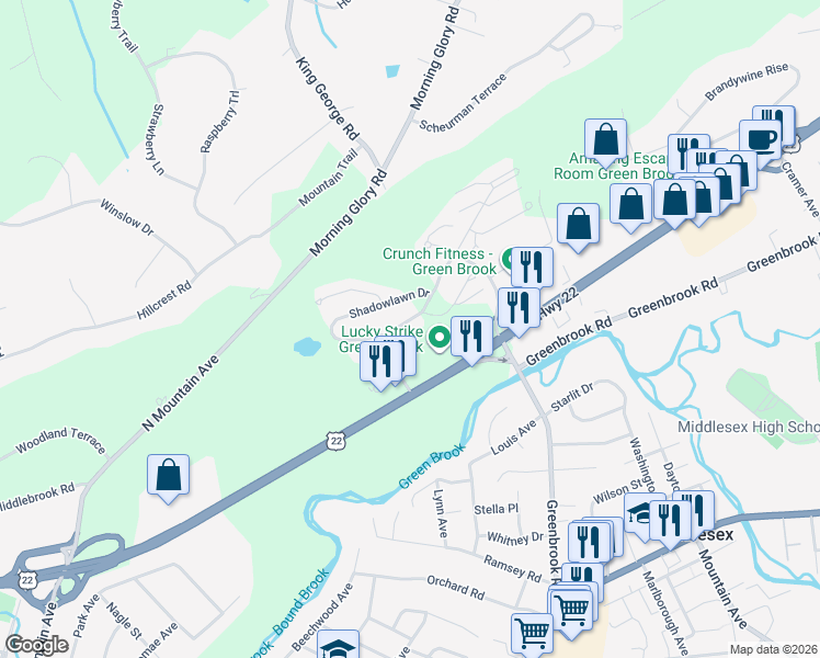 map of restaurants, bars, coffee shops, grocery stores, and more near 3037 King Court in Green Brook Township