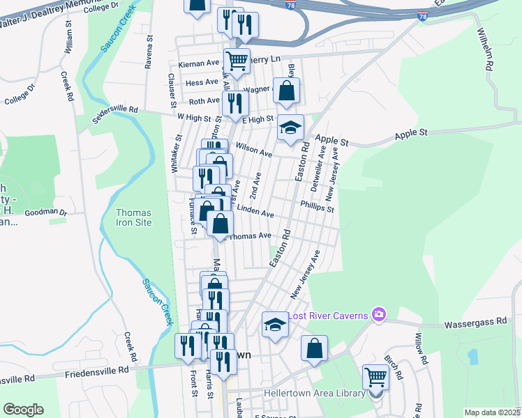 map of restaurants, bars, coffee shops, grocery stores, and more near 221 Linden Avenue in Hellertown