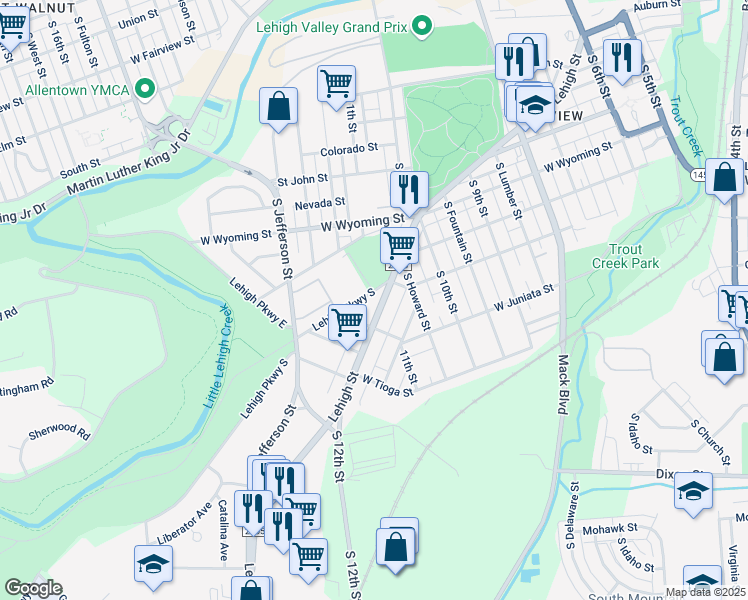 map of restaurants, bars, coffee shops, grocery stores, and more near 1102 Lehigh Street in Allentown