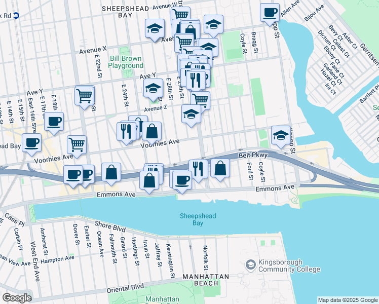 map of restaurants, bars, coffee shops, grocery stores, and more near 2703 East 28th Street in Brooklyn