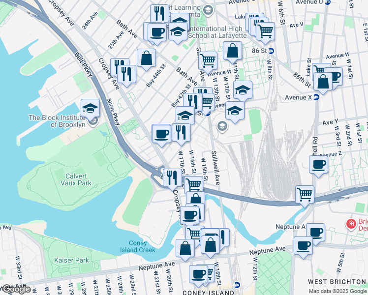map of restaurants, bars, coffee shops, grocery stores, and more near 90 Bay 50th Street in Brooklyn