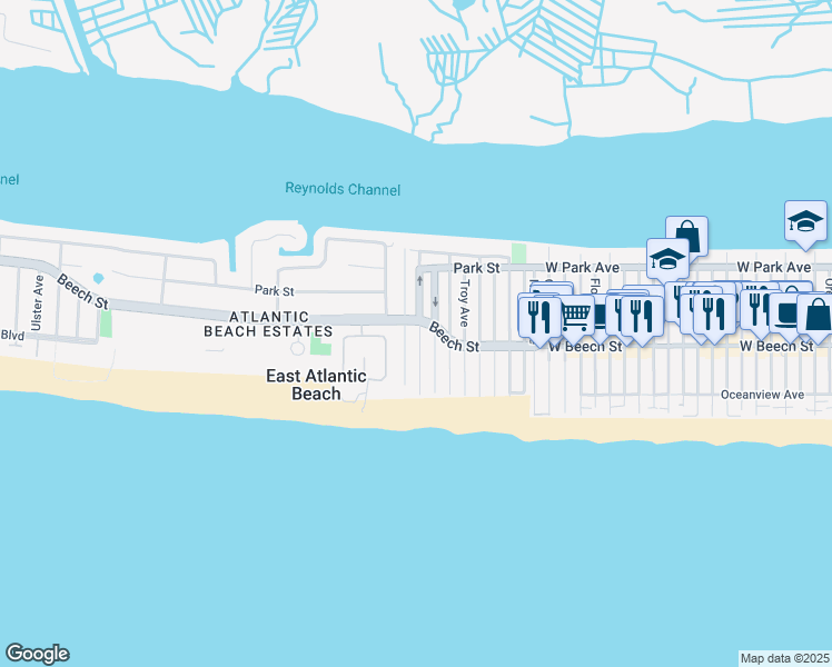 map of restaurants, bars, coffee shops, grocery stores, and more near 56 Malone Avenue in East Atlantic Beach