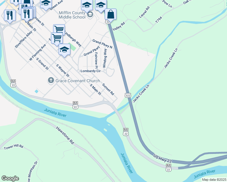 map of restaurants, bars, coffee shops, grocery stores, and more near 111 Sunset Road in Lewistown