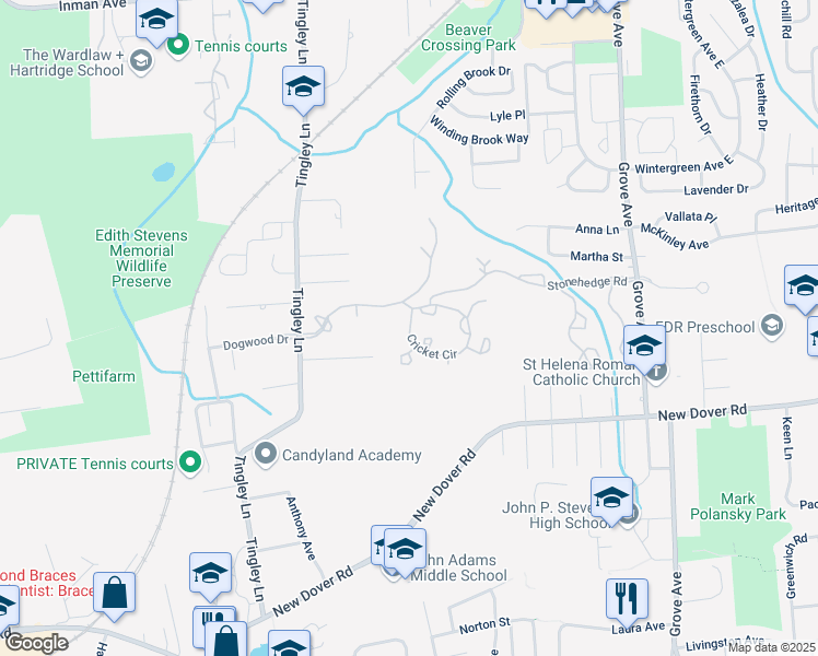 map of restaurants, bars, coffee shops, grocery stores, and more near 3402 Cricket Circle in Edison
