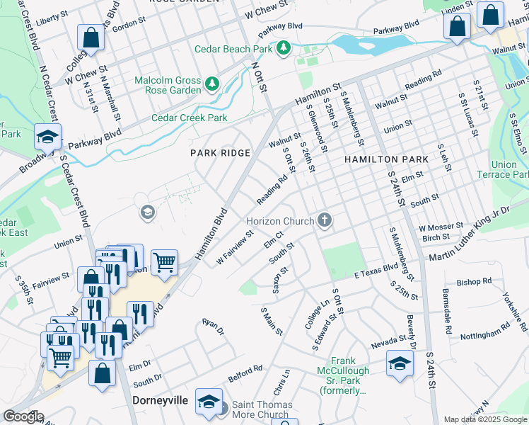 map of restaurants, bars, coffee shops, grocery stores, and more near 2821 Reading Road in Allentown