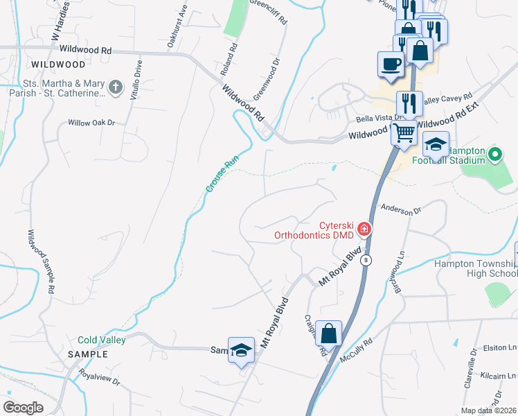 map of restaurants, bars, coffee shops, grocery stores, and more near 2773 Indian Spring Lane in Hampton Township