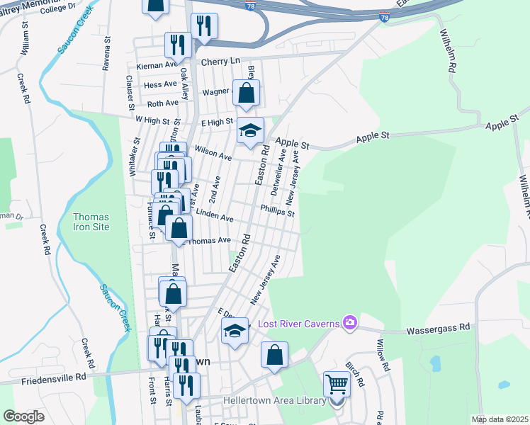 map of restaurants, bars, coffee shops, grocery stores, and more near 480 Phillips Street in Hellertown