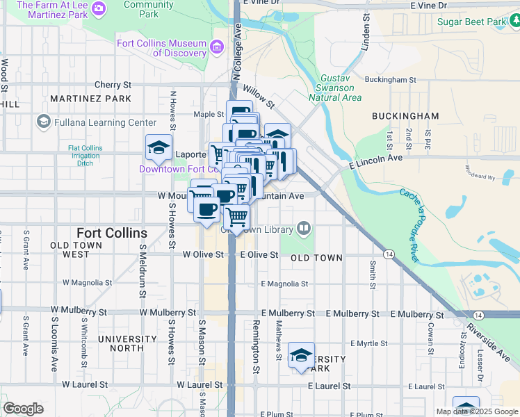 map of restaurants, bars, coffee shops, grocery stores, and more near 102 Remington Street in Fort Collins