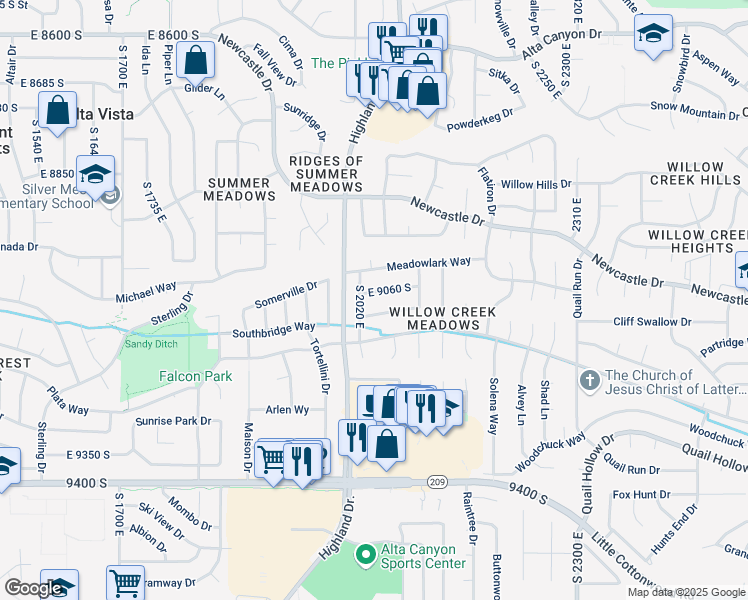 map of restaurants, bars, coffee shops, grocery stores, and more near 2047 East 9060 South in Sandy