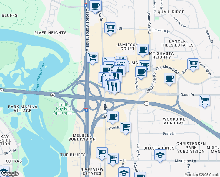 map of restaurants, bars, coffee shops, grocery stores, and more near 900 Dana Drive in Redding