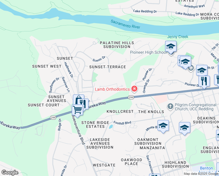 map of restaurants, bars, coffee shops, grocery stores, and more near 955 Royal Oaks Drive in Redding