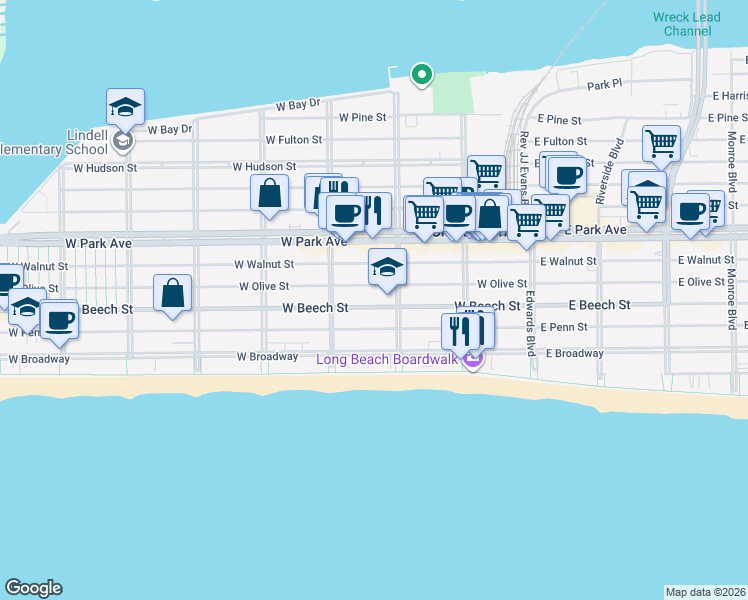 map of restaurants, bars, coffee shops, grocery stores, and more near 233 West Olive Street in Long Beach