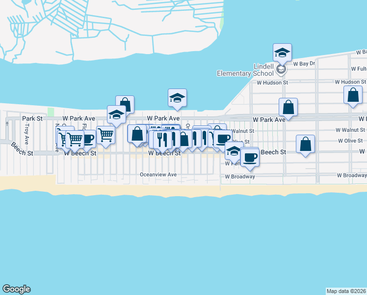 map of restaurants, bars, coffee shops, grocery stores, and more near 75 Delaware Avenue in Long Beach
