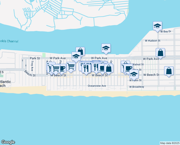 map of restaurants, bars, coffee shops, grocery stores, and more near 78 Tennessee Avenue in Long Beach