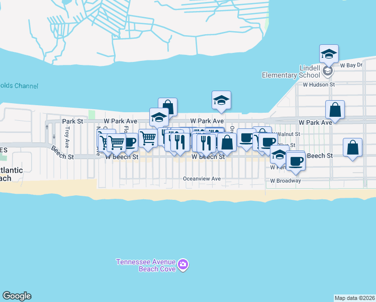 map of restaurants, bars, coffee shops, grocery stores, and more near 78 Tennessee Avenue in Long Beach