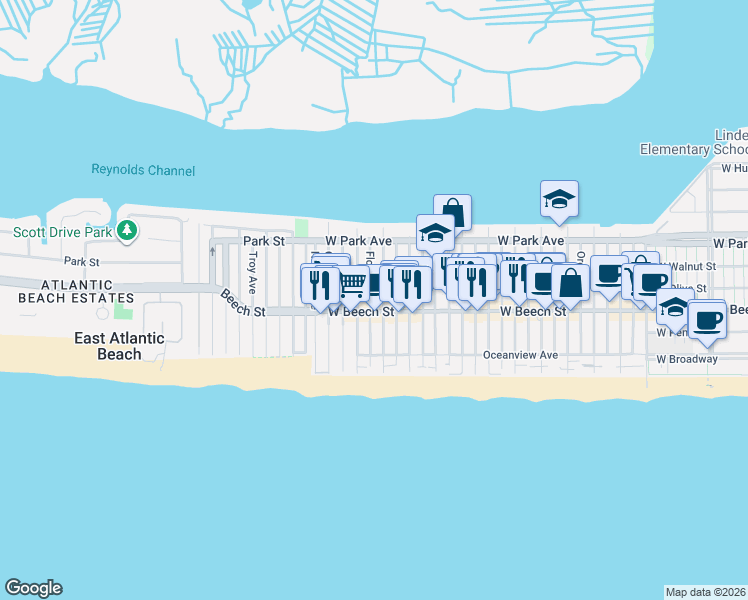 map of restaurants, bars, coffee shops, grocery stores, and more near 76 Georgia Avenue in Long Beach