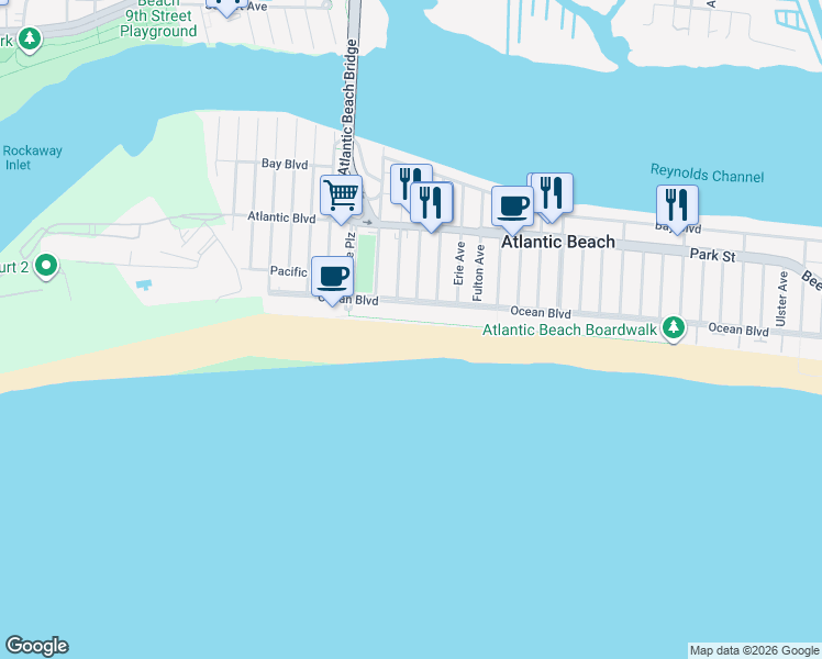 map of restaurants, bars, coffee shops, grocery stores, and more near 2001 Ocean Boulevard in Atlantic Beach