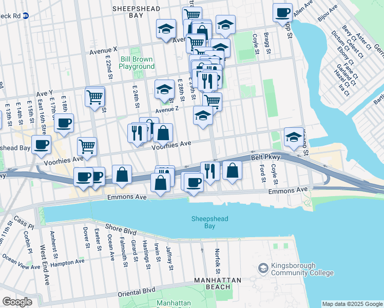 map of restaurants, bars, coffee shops, grocery stores, and more near 2703 East 28th Street in Brooklyn