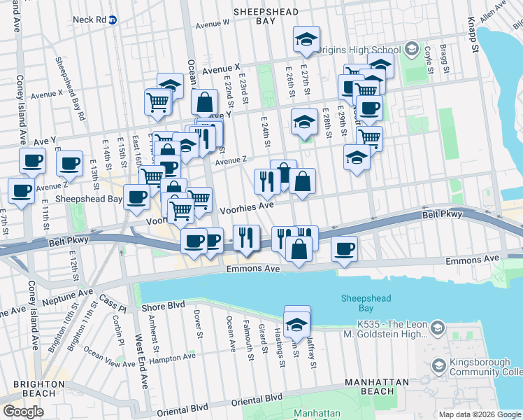 map of restaurants, bars, coffee shops, grocery stores, and more near 2676 East 24th Street in Brooklyn