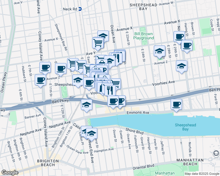 map of restaurants, bars, coffee shops, grocery stores, and more near 2661 East 19th Street in Brooklyn