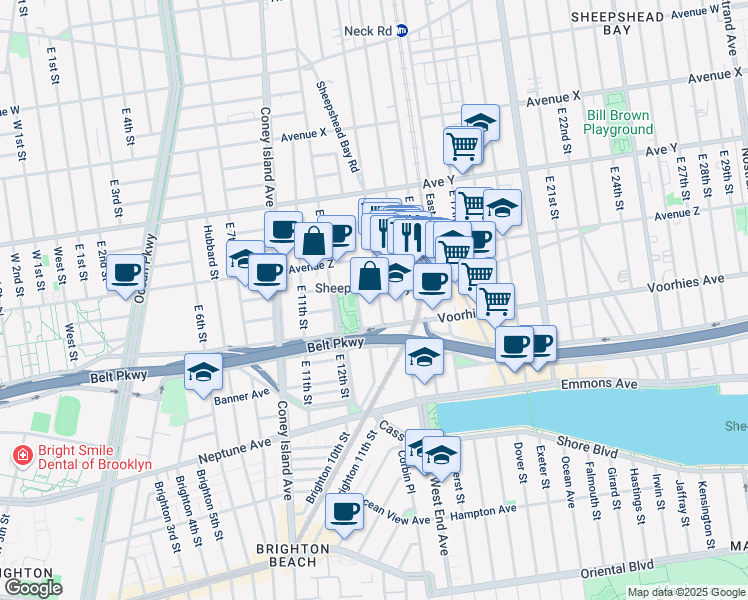 map of restaurants, bars, coffee shops, grocery stores, and more near 2630 East 13th Street in Brooklyn