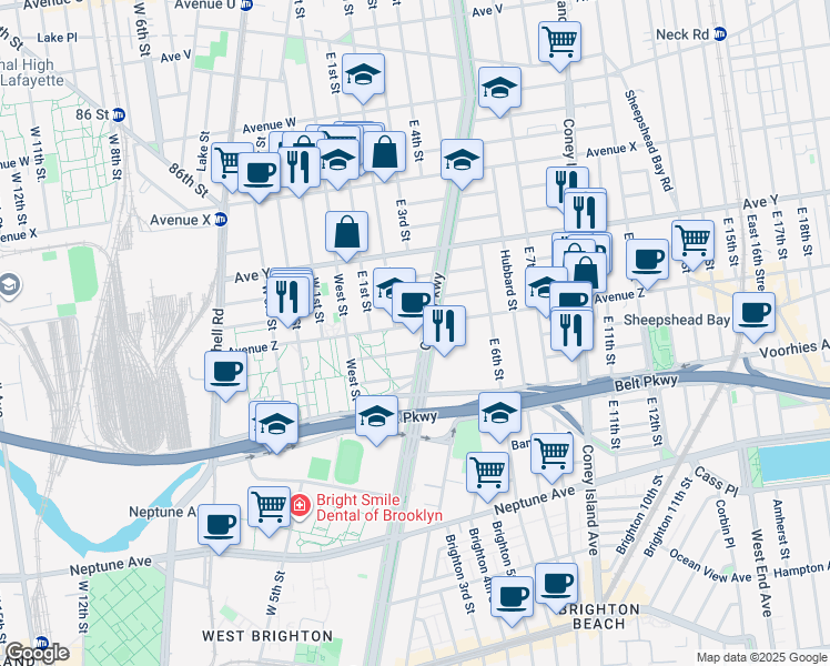 map of restaurants, bars, coffee shops, grocery stores, and more near 2580 Ocean Parkway in Brooklyn