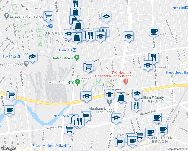 map of restaurants, bars, coffee shops, grocery stores, and more near 2525 West 2nd Street in Brooklyn